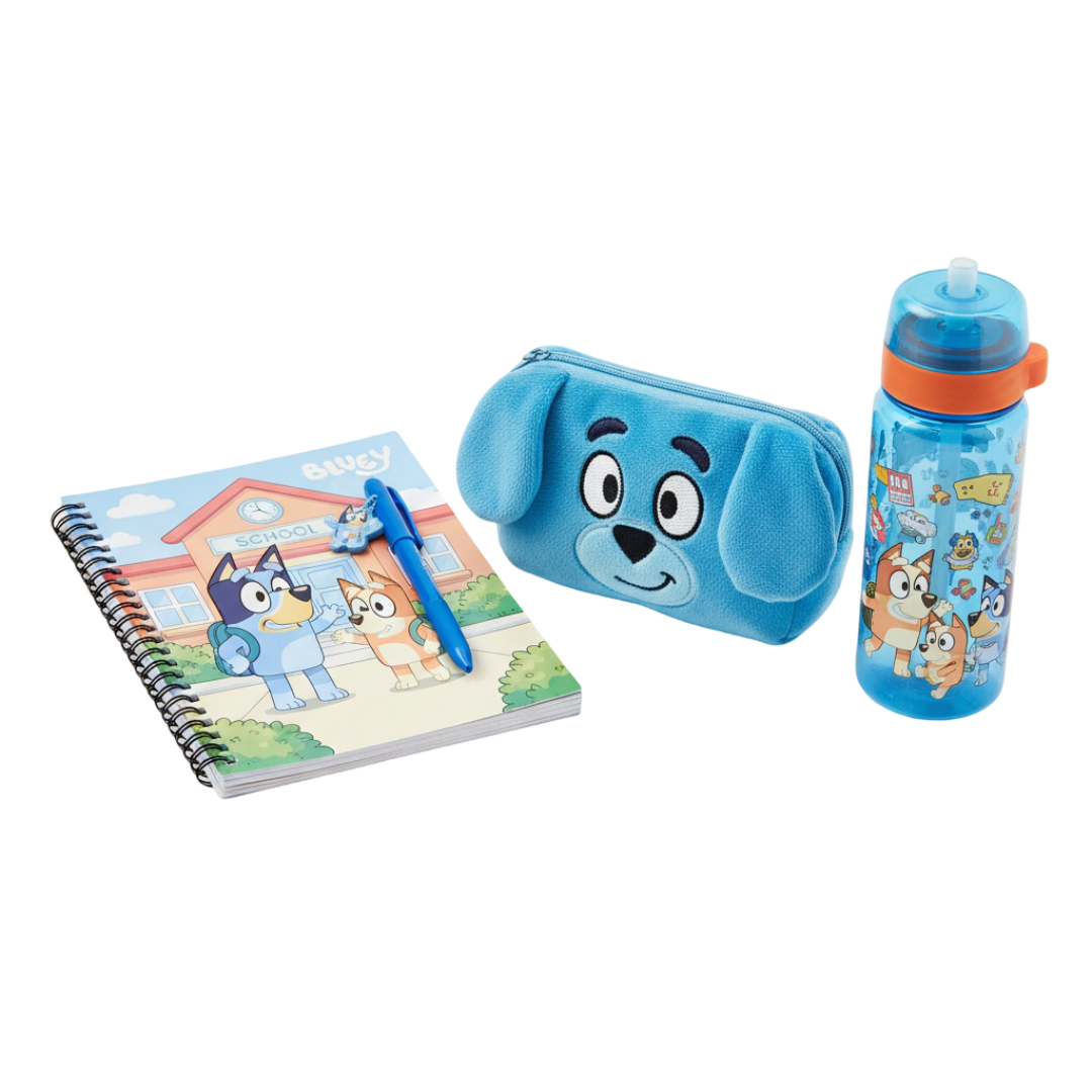 Bluey-themed school supplies set including pencil case, water bottle, and notebook